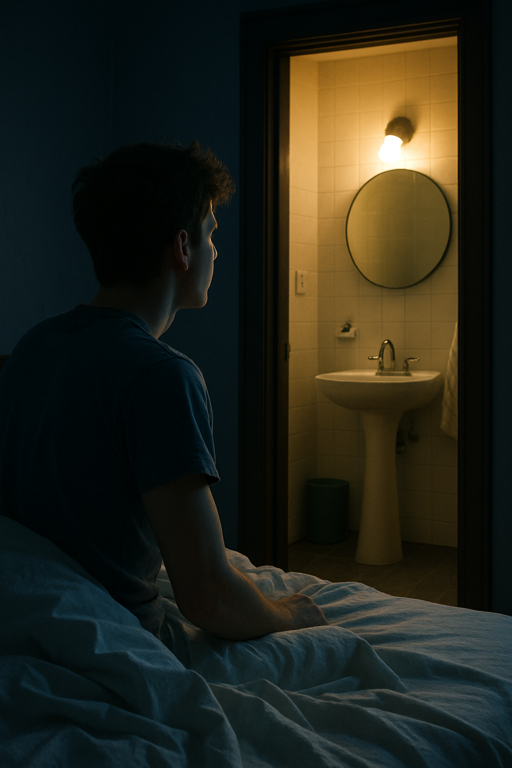 Young man experiencing nocturia in younger men during the night.