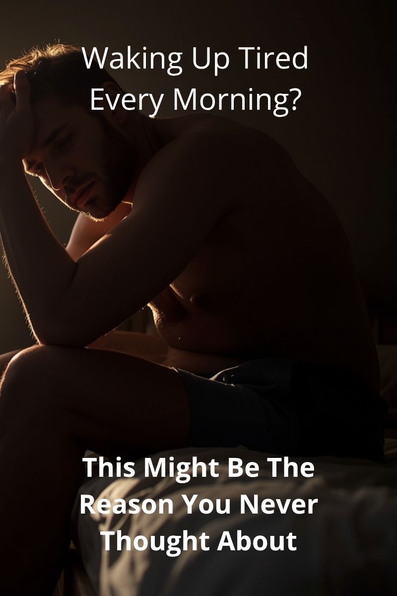 an image of a tired middle-aged man sitting tired on his bed