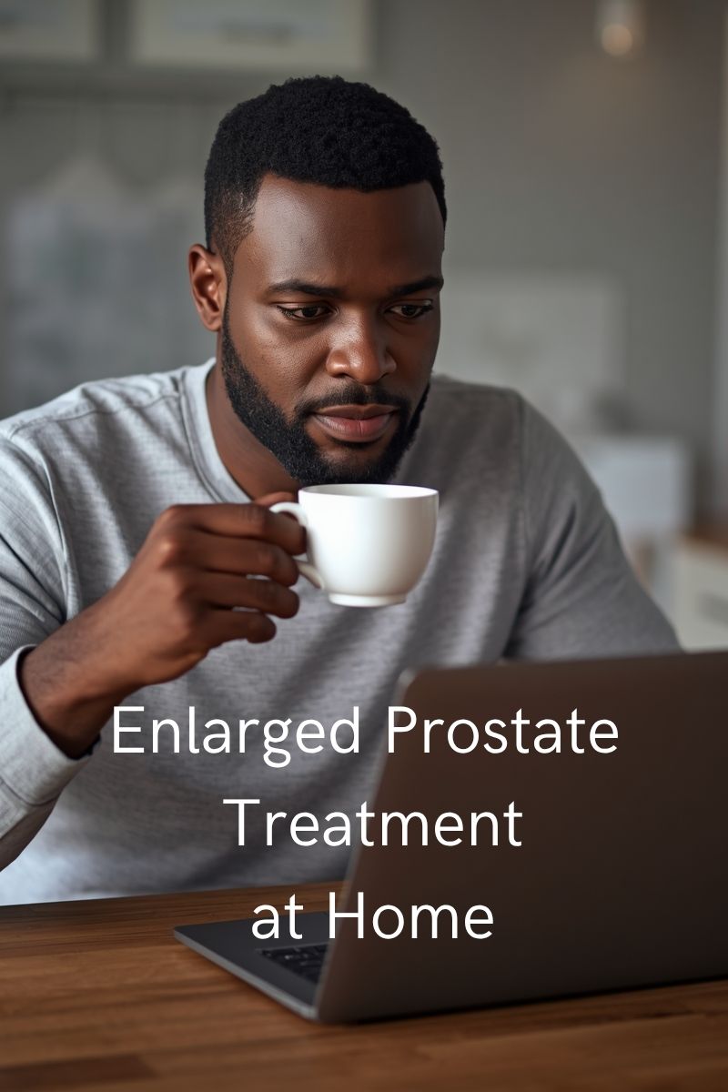 image of a man doing research on enlarge prostate treatment at home on his laptop,