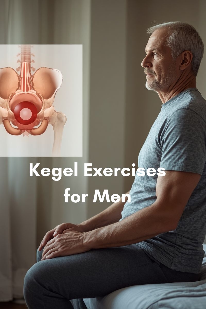 illustration of the male pelvic floor with a man sitting on a bed,